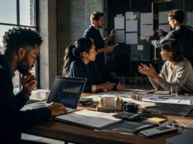 Diverse professional team working on business strategy and analyzing financial charts in a modern office