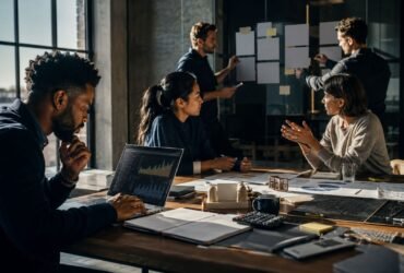Diverse professional team working on business strategy and analyzing financial charts in a modern office