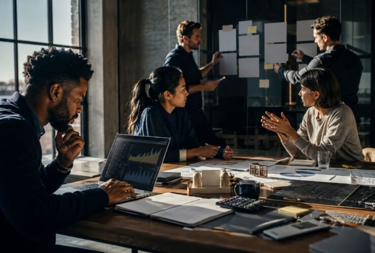 Diverse professional team working on business strategy and analyzing financial charts in a modern office