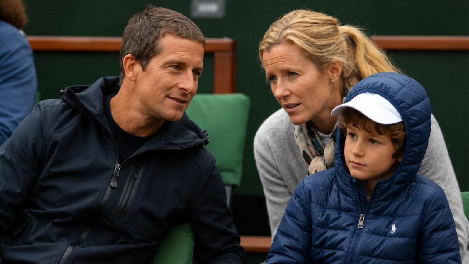 A young Huckleberry Grylls wearing a blue puffer jacket and white cap sitting between his parents, Bear and Shara Grylls, at a sporting event.