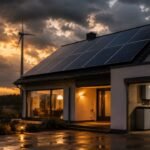A modern eco-friendly home at sunset equipped with roof-mounted solar panels, a backyard wind turbine, and a visible home battery storage inverter system inside an open garage.