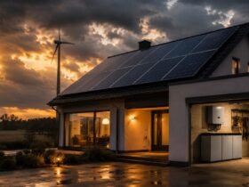 A modern eco-friendly home at sunset equipped with roof-mounted solar panels, a backyard wind turbine, and a visible home battery storage inverter system inside an open garage.