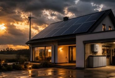 A modern eco-friendly home at sunset equipped with roof-mounted solar panels, a backyard wind turbine, and a visible home battery storage inverter system inside an open garage.