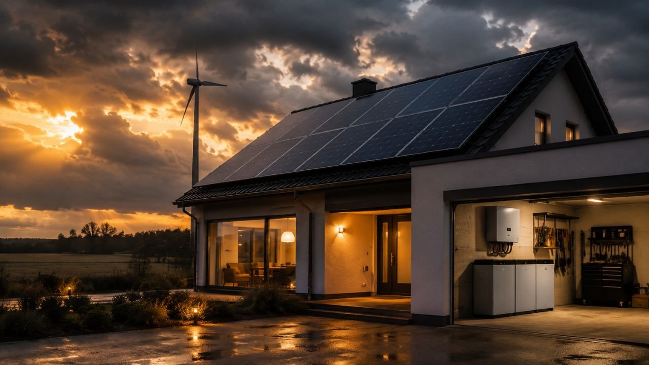 A modern eco-friendly home at sunset equipped with roof-mounted solar panels, a backyard wind turbine, and a visible home battery storage inverter system inside an open garage.