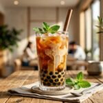 An iced bubble tea or Babeltee drink served in a tall glass with milk swirls, tapioca pearls at the bottom, and fresh mint leaves on a wooden table inside a cafe.