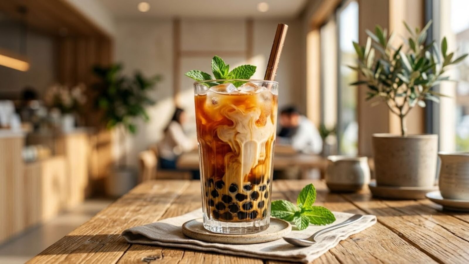 An iced bubble tea or Babeltee drink served in a tall glass with milk swirls, tapioca pearls at the bottom, and fresh mint leaves on a wooden table inside a cafe.