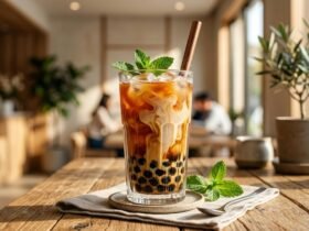 An iced bubble tea or Babeltee drink served in a tall glass with milk swirls, tapioca pearls at the bottom, and fresh mint leaves on a wooden table inside a cafe.