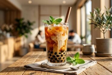 An iced bubble tea or Babeltee drink served in a tall glass with milk swirls, tapioca pearls at the bottom, and fresh mint leaves on a wooden table inside a cafe.