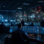 Industrial security professionals monitoring cyber-physical process control maps and server logs inside a high-tech IT OT convergence control room overlooking a factory plant floor.