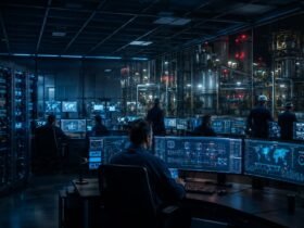 Industrial security professionals monitoring cyber-physical process control maps and server logs inside a high-tech IT OT convergence control room overlooking a factory plant floor.