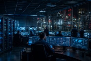 Industrial security professionals monitoring cyber-physical process control maps and server logs inside a high-tech IT OT convergence control room overlooking a factory plant floor.