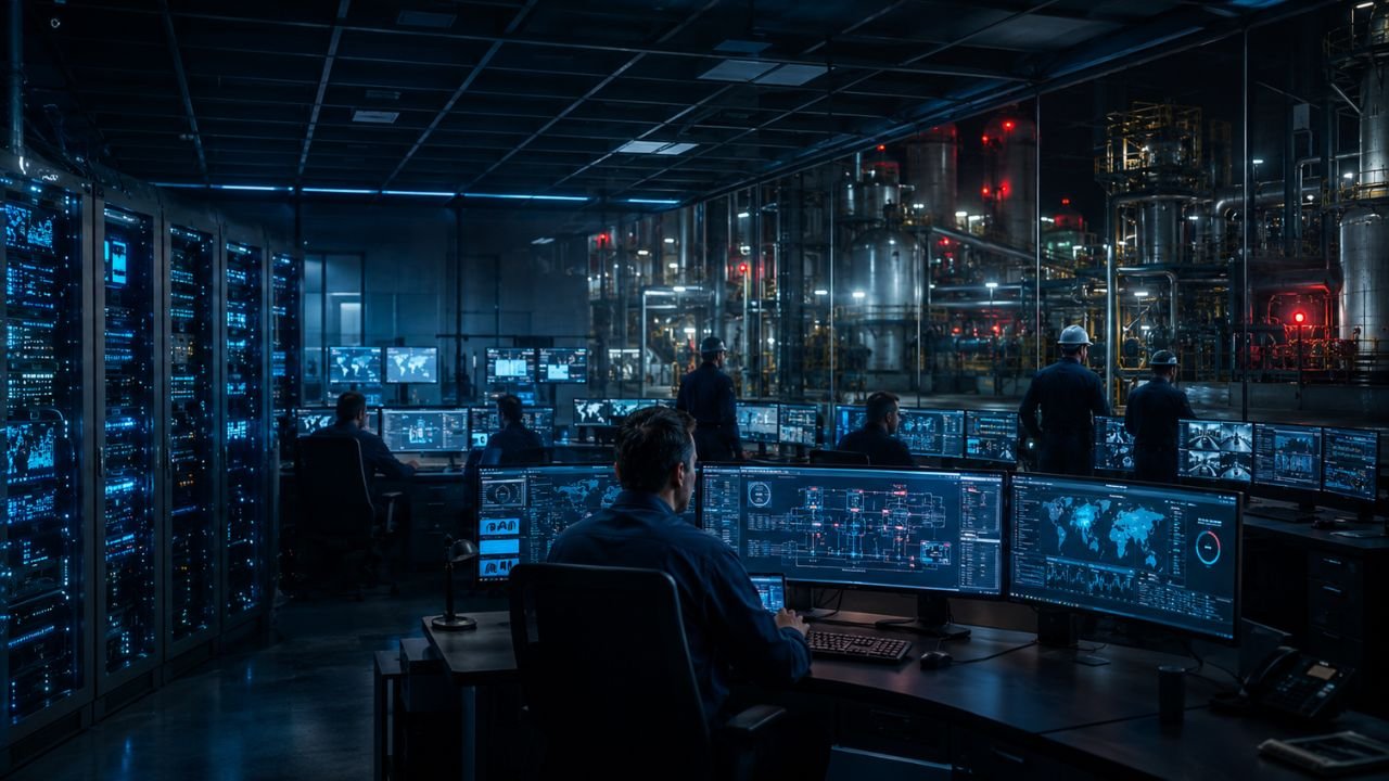 Industrial security professionals monitoring cyber-physical process control maps and server logs inside a high-tech IT OT convergence control room overlooking a factory plant floor.