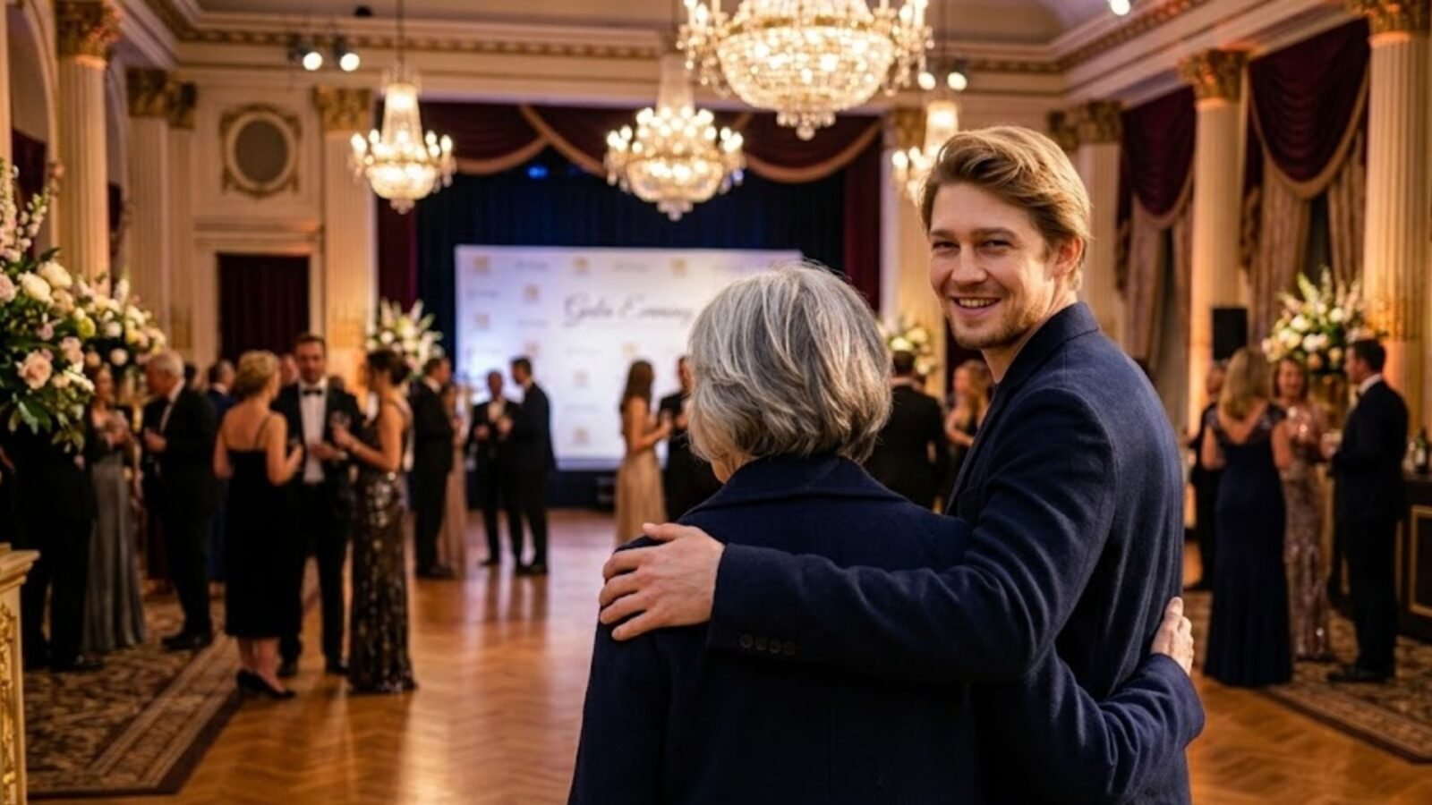 Actor Joe Alwyn smiling gently with his arm around his mother, Elizabeth Alwyn, who is viewed from the back at a formal gala event hall.
