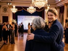 Actor Joe Alwyn smiling gently with his arm around his mother, Elizabeth Alwyn, who is viewed from the back at a formal gala event hall.