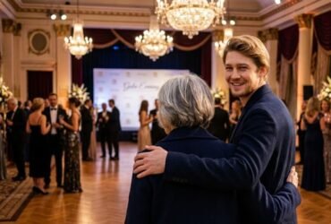Actor Joe Alwyn smiling gently with his arm around his mother, Elizabeth Alwyn, who is viewed from the back at a formal gala event hall.