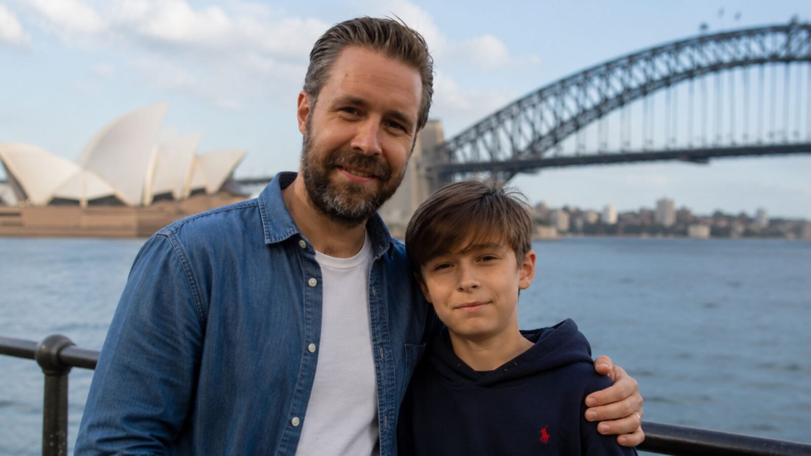 Actor Paddy Considine standing next to his son, musician Joseph Considine, smiling together with the Sydney Harbour Bridge in the background.