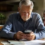 An elderly man sitting at a kitchen table looking at his smartphone while checking his monthly Social Security checks and financial documents.