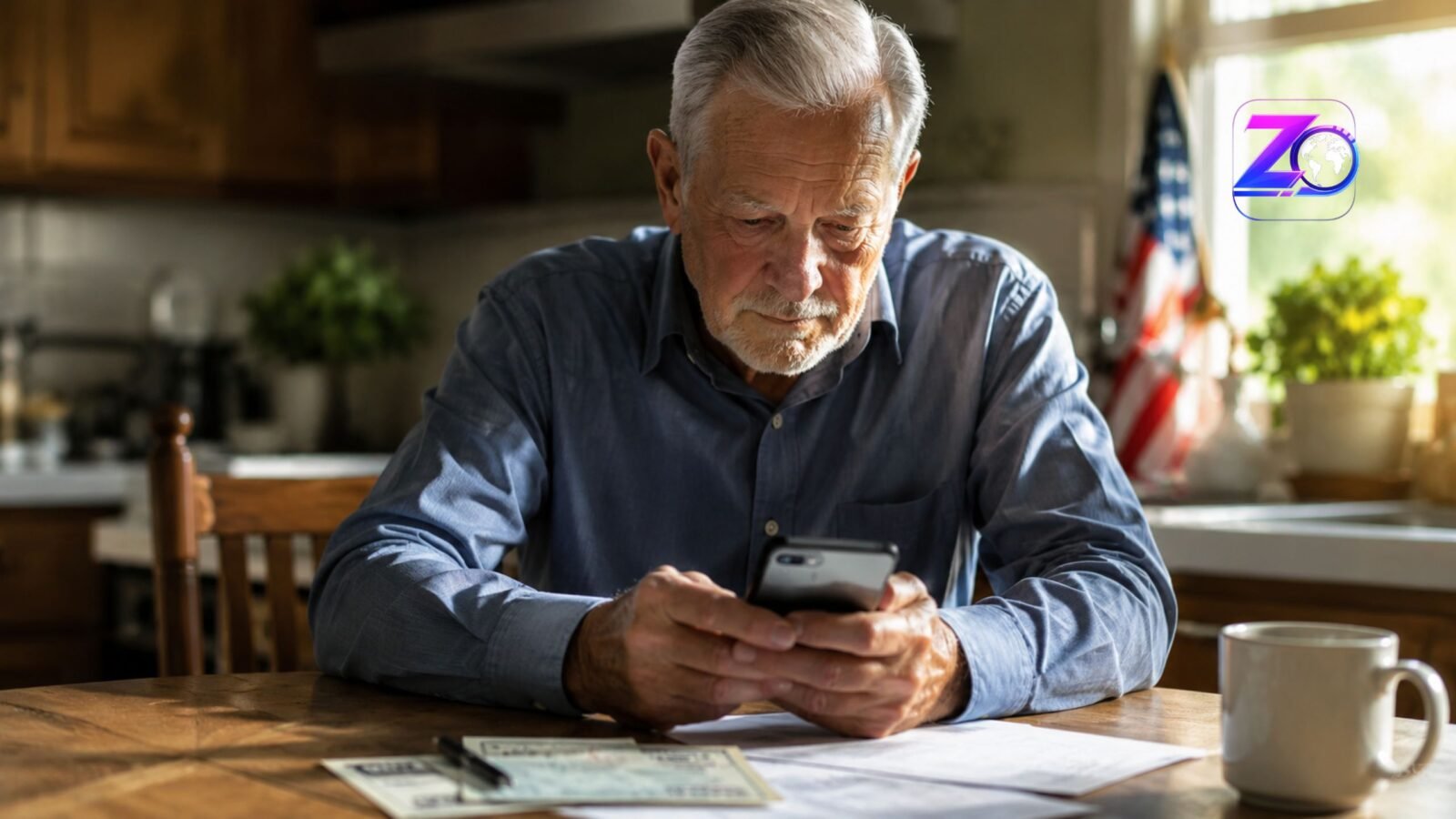 An elderly man sitting at a kitchen table looking at his smartphone while checking his monthly Social Security checks and financial documents.