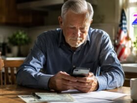 An elderly man sitting at a kitchen table looking at his smartphone while checking his monthly Social Security checks and financial documents.