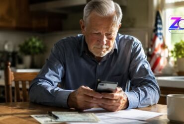 An elderly man sitting at a kitchen table looking at his smartphone while checking his monthly Social Security checks and financial documents.