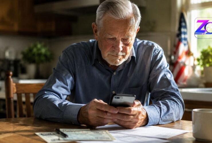 An elderly man sitting at a kitchen table looking at his smartphone while checking his monthly Social Security checks and financial documents.