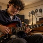 British-Italian alt-folk musician Luca Firth playing an electric guitar in a rustic recording studio.
