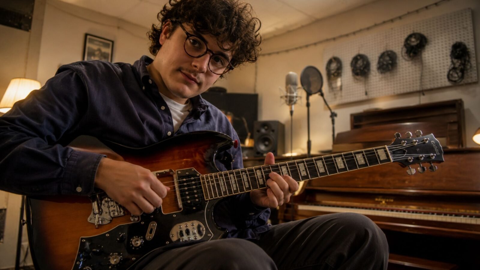 British-Italian alt-folk musician Luca Firth playing an electric guitar in a rustic recording studio.