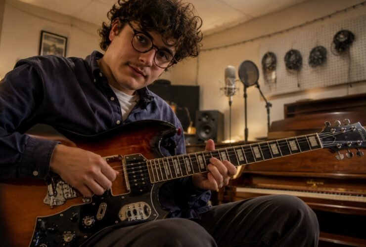 British-Italian alt-folk musician Luca Firth playing an electric guitar in a rustic recording studio.