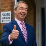 British politician Nigel Farage smiling cheerfully and giving a thumbs up while standing outside a local polling station.