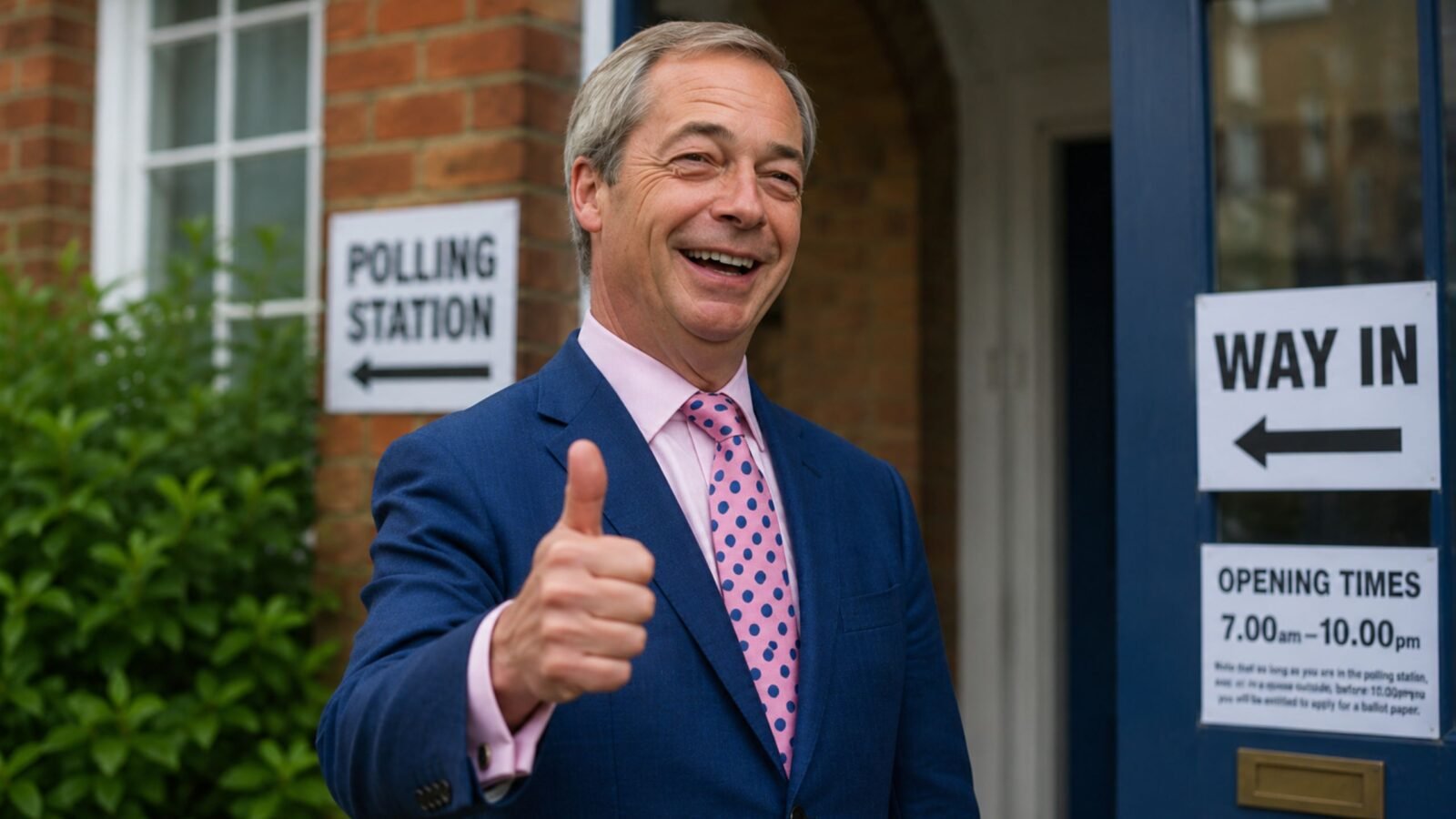 British politician Nigel Farage smiling cheerfully and giving a thumbs up while standing outside a local polling station.