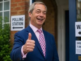 British politician Nigel Farage smiling cheerfully and giving a thumbs up while standing outside a local polling station.