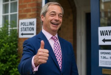 British politician Nigel Farage smiling cheerfully and giving a thumbs up while standing outside a local polling station.