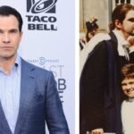 A split image showing British comedian Jimmy Carr on the left, and a younger Jimmy Carr posing with his mother Nora Mary Carr and father on the right.