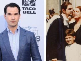 A split image showing British comedian Jimmy Carr on the left, and a younger Jimmy Carr posing with his mother Nora Mary Carr and father on the right.