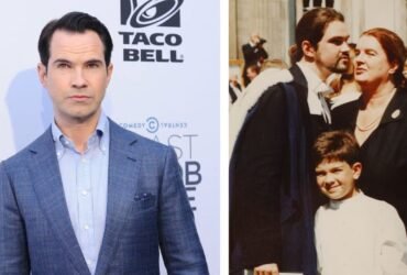A split image showing British comedian Jimmy Carr on the left, and a younger Jimmy Carr posing with his mother Nora Mary Carr and father on the right.