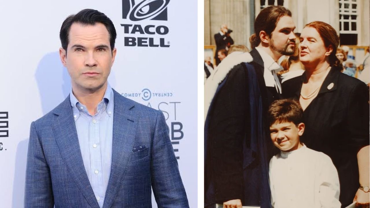 A split image showing British comedian Jimmy Carr on the left, and a younger Jimmy Carr posing with his mother Nora Mary Carr and father on the right.