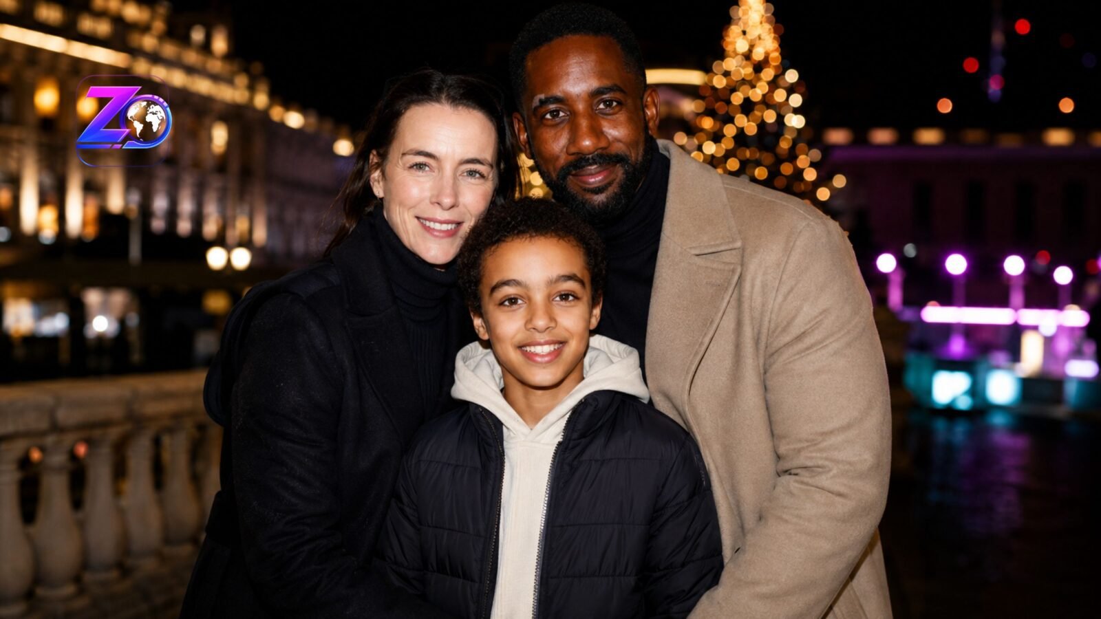 Actors Olivia Williams and Rhashan Stone posing for a photograph with Daughter Esmé Ruby Stone.