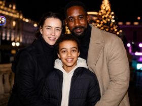Actors Olivia Williams and Rhashan Stone posing for a photograph with Daughter Esmé Ruby Stone.