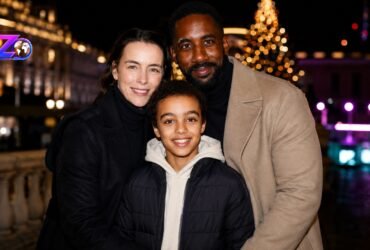 Actors Olivia Williams and Rhashan Stone posing for a photograph with Daughter Esmé Ruby Stone.