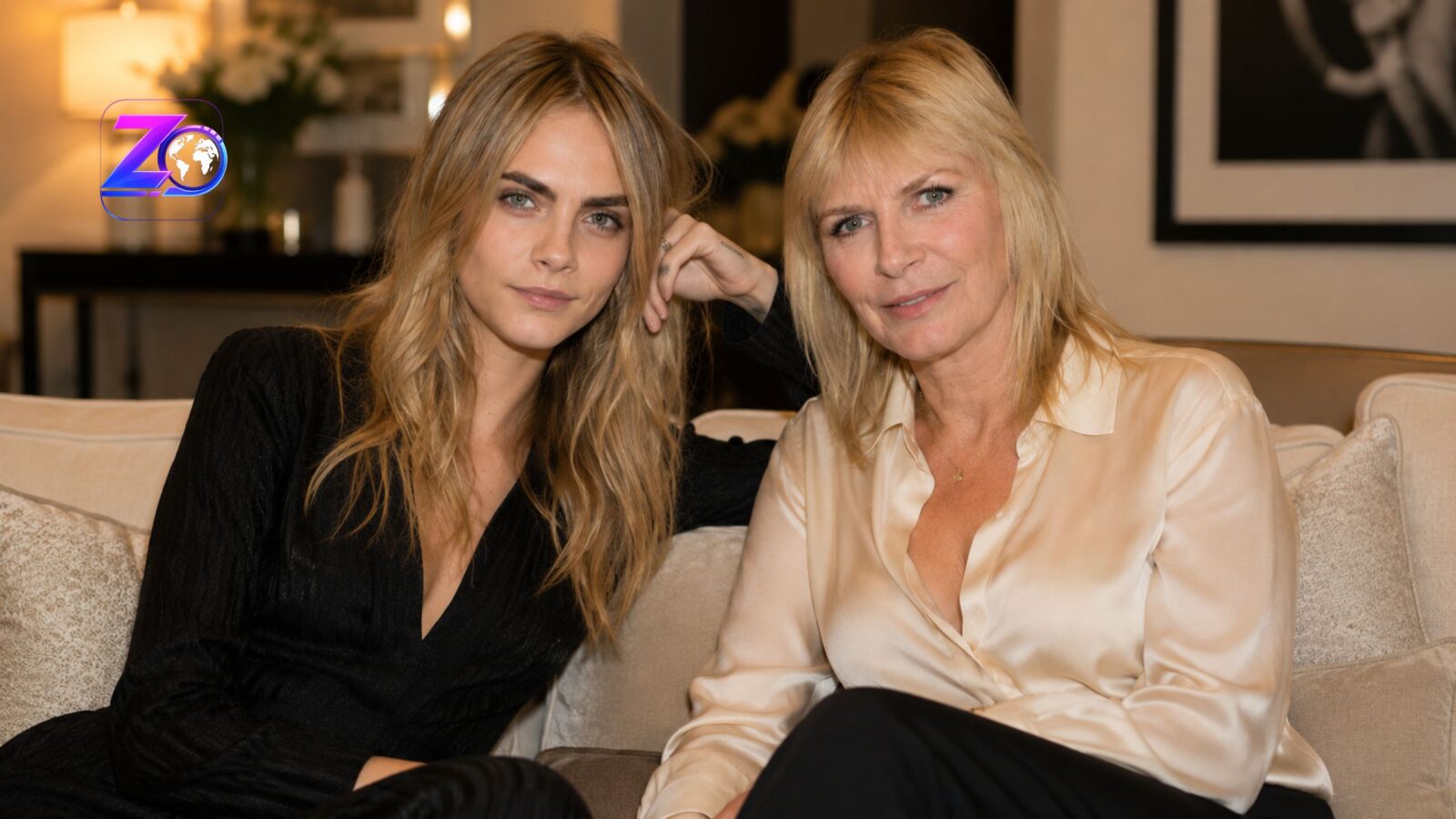 Cara Delevingne and her mother Pandora Delevingne sitting together on a sofa.