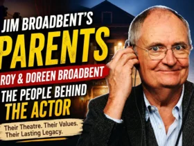 A promotional graphic banner titled 'Jim Broadbent's Parents Roy & Doreen Broadbent' featuring a close-up portrait of Academy Award-winning actor Jim Broadbent smiling while putting on a headset.