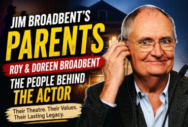 A promotional graphic banner titled 'Jim Broadbent's Parents Roy & Doreen Broadbent' featuring a close-up portrait of Academy Award-winning actor Jim Broadbent smiling while putting on a headset.