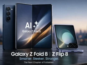Official-style promotional render of the Samsung Galaxy Z Fold 8 and Galaxy Z Flip 8 displaying their folding screens and Galaxy AI branding.