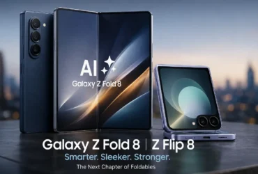 Official-style promotional render of the Samsung Galaxy Z Fold 8 and Galaxy Z Flip 8 displaying their folding screens and Galaxy AI branding.
