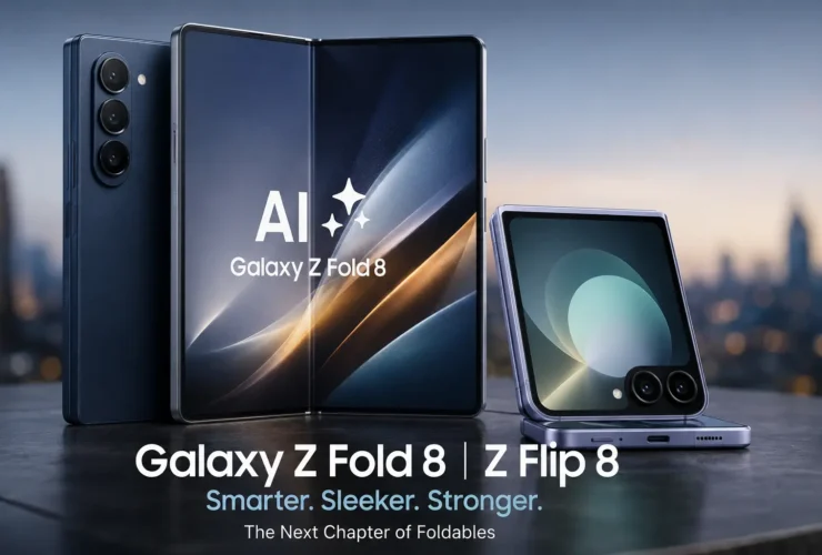 Official-style promotional render of the Samsung Galaxy Z Fold 8 and Galaxy Z Flip 8 displaying their folding screens and Galaxy AI branding.
