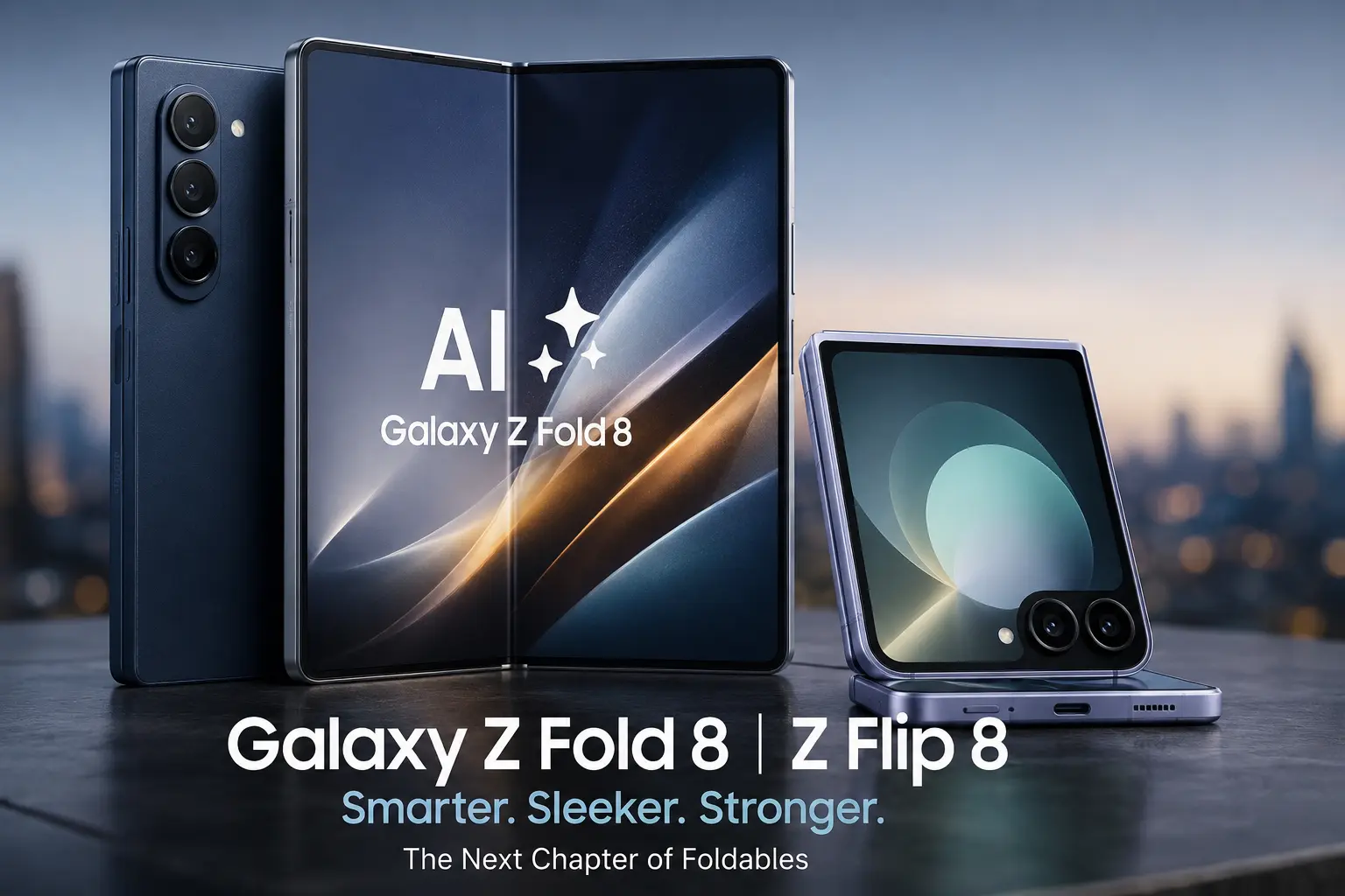 Official-style promotional render of the Samsung Galaxy Z Fold 8 and Galaxy Z Flip 8 displaying their folding screens and Galaxy AI branding.