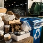 Is Styrofoam recyclable? A collection of discarded white foam packaging, coffee cups, and cardboard boxes placed next to colorful recycling bins at a waste management facility.