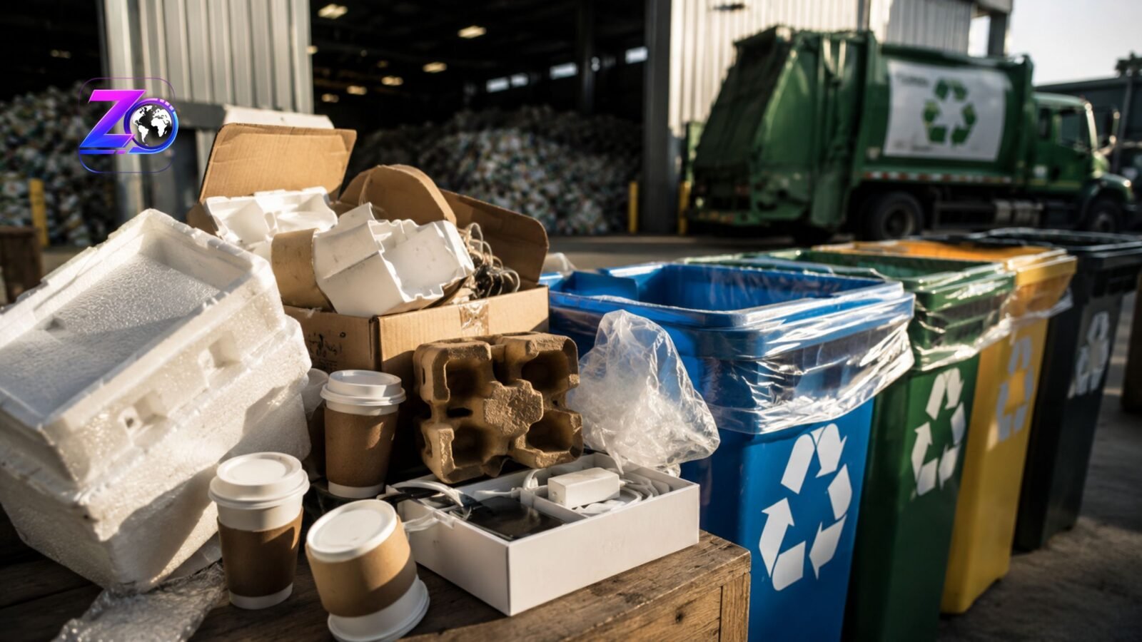 Is Styrofoam recyclable? A collection of discarded white foam packaging, coffee cups, and cardboard boxes placed next to colorful recycling bins at a waste management facility.