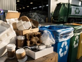 Is Styrofoam recyclable? A collection of discarded white foam packaging, coffee cups, and cardboard boxes placed next to colorful recycling bins at a waste management facility.