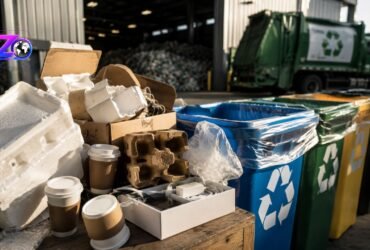 Is Styrofoam recyclable? A collection of discarded white foam packaging, coffee cups, and cardboard boxes placed next to colorful recycling bins at a waste management facility.